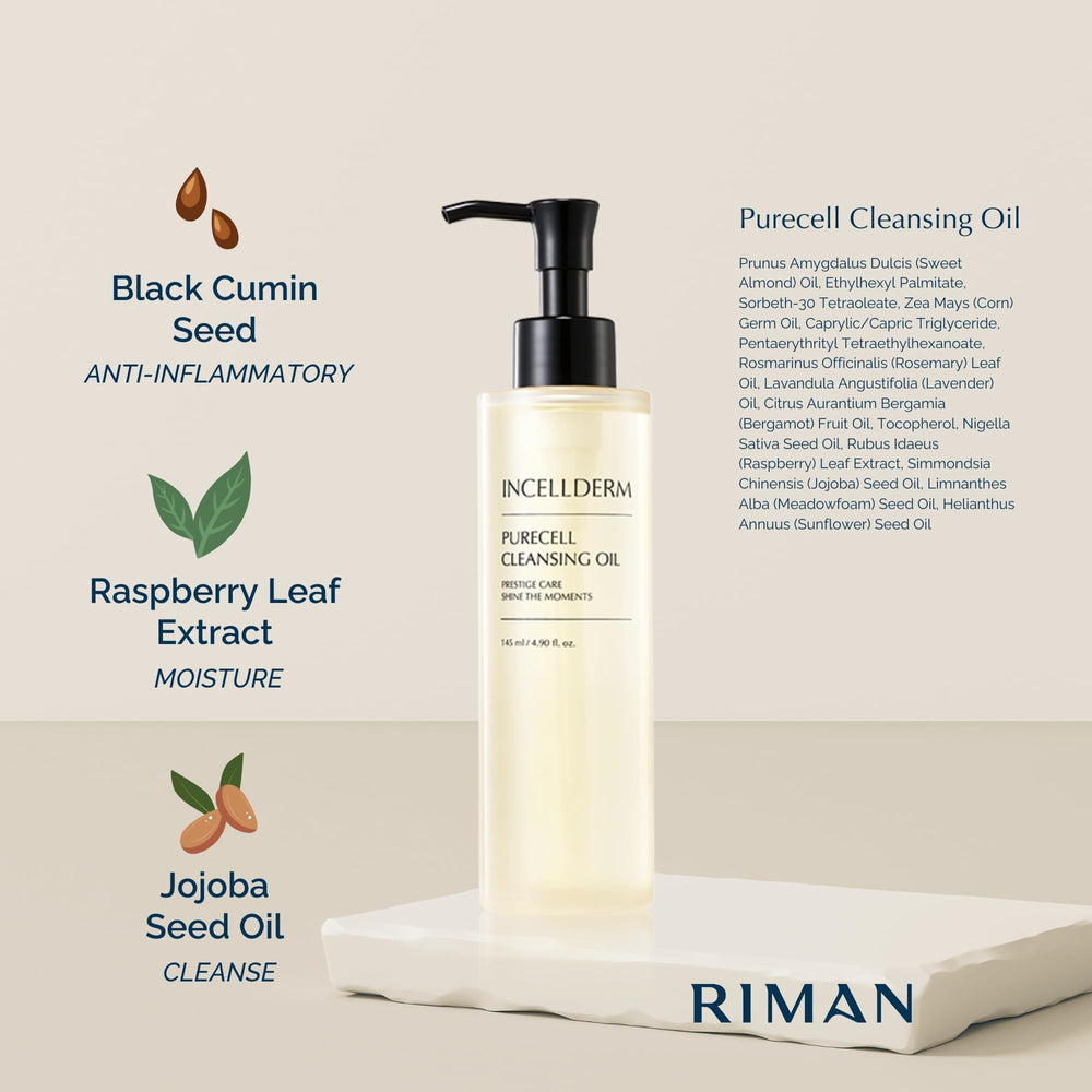 INCELLDERM PureCell Cleansing Oil botanical extracts conveying soothing cleansing action.
