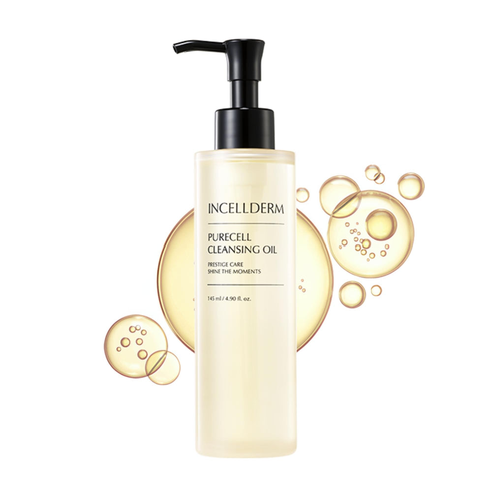 INCELLDERM PureCell Cleansing Oil bottle pour, showing gentle makeup removal and hydration.