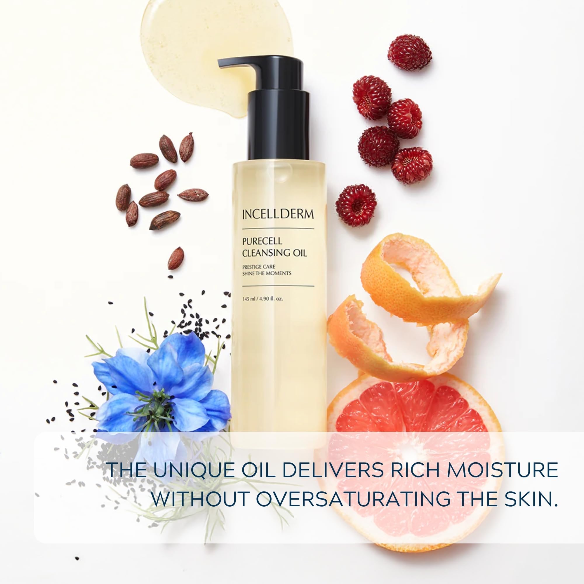 INCELLDERM PureCell Cleansing Oil removing makeup and waterproof formulas with a silky finish.