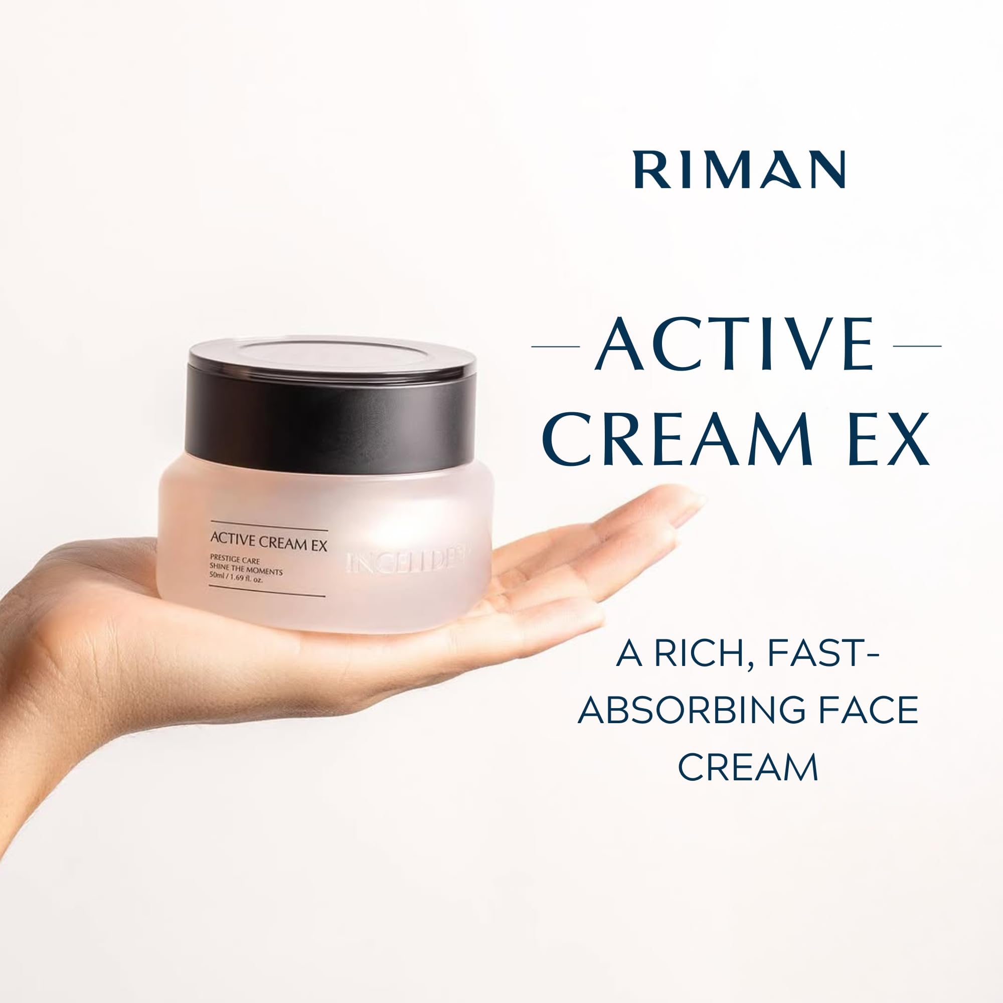 Close-up of INCELLDERM Riman Active Cream EX texture, quick absorption.