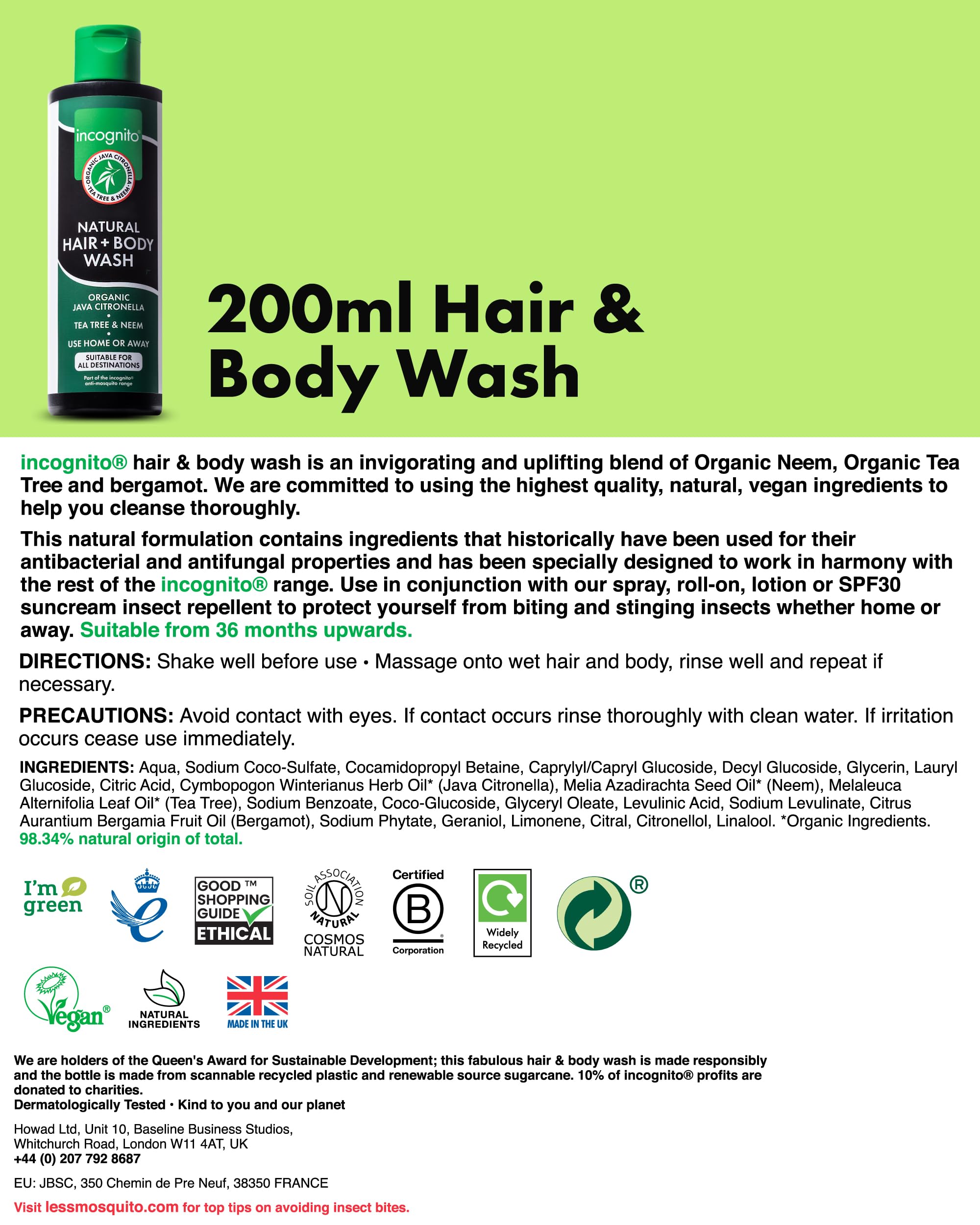 Incognito Java Citronella Hair and Body Wash in shower, 2-in-1 cleanses hair and skin.