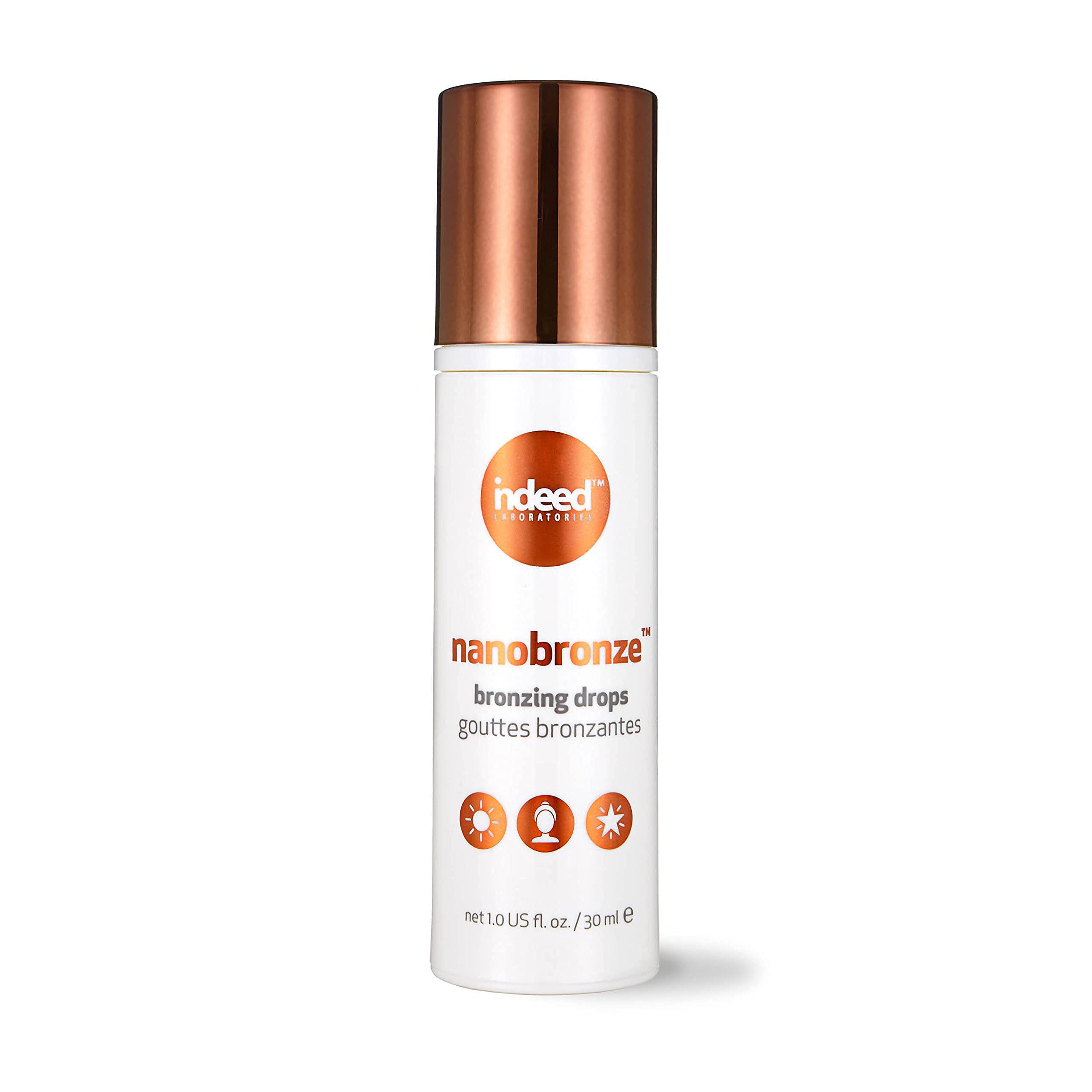 Indeed Nanobronze bottle dispense shows easy self-tan delivery for face and body.