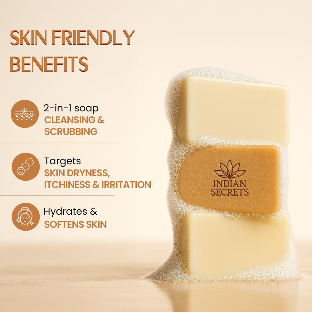 INDIAN SECRETS dual-texture side offers gentle scrub and smooth cleansing for daily use.