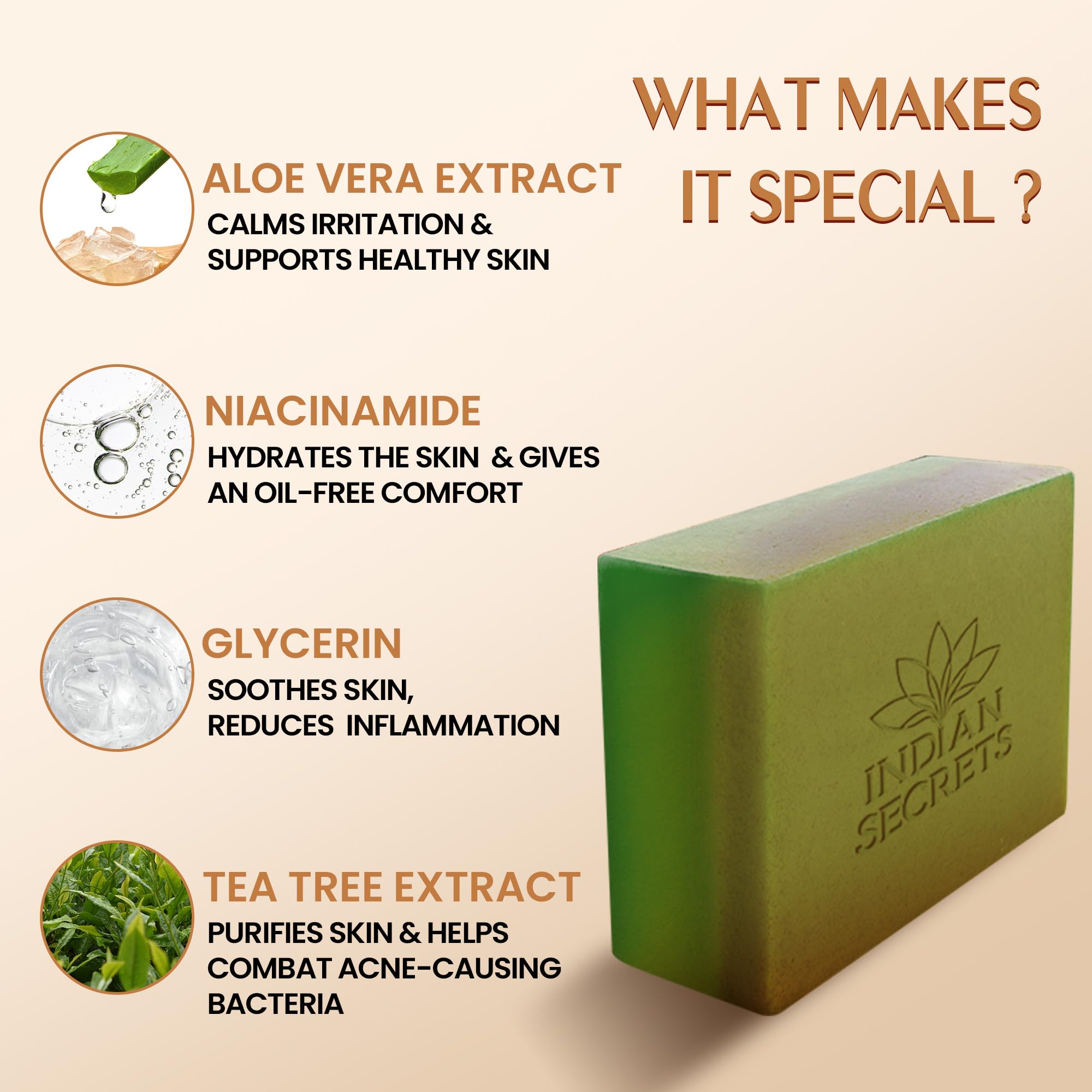 INDIAN SECRETS Scrub Soap smooth side shown for gentle daily cleansing.