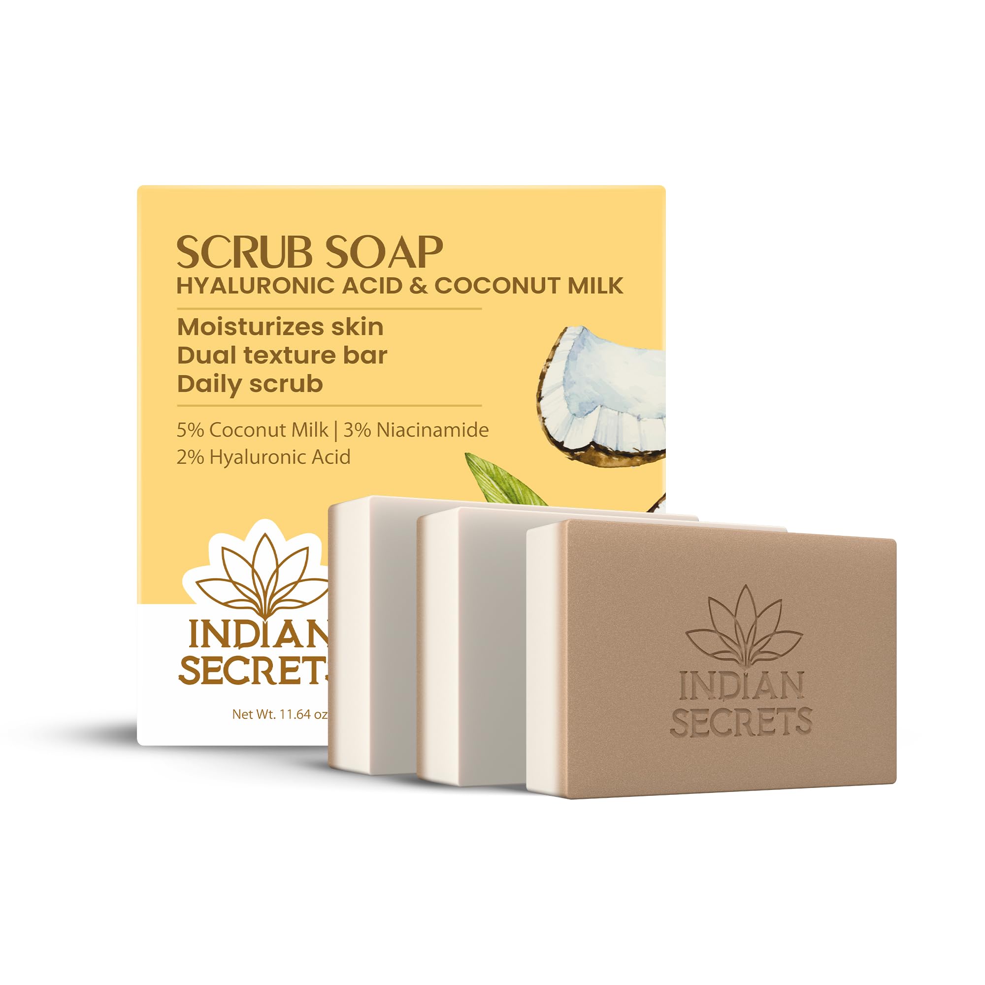 INDIAN SECRETS scrub soap hyaluronic acid coconut milk 3-bar pack provides lasting moisture.