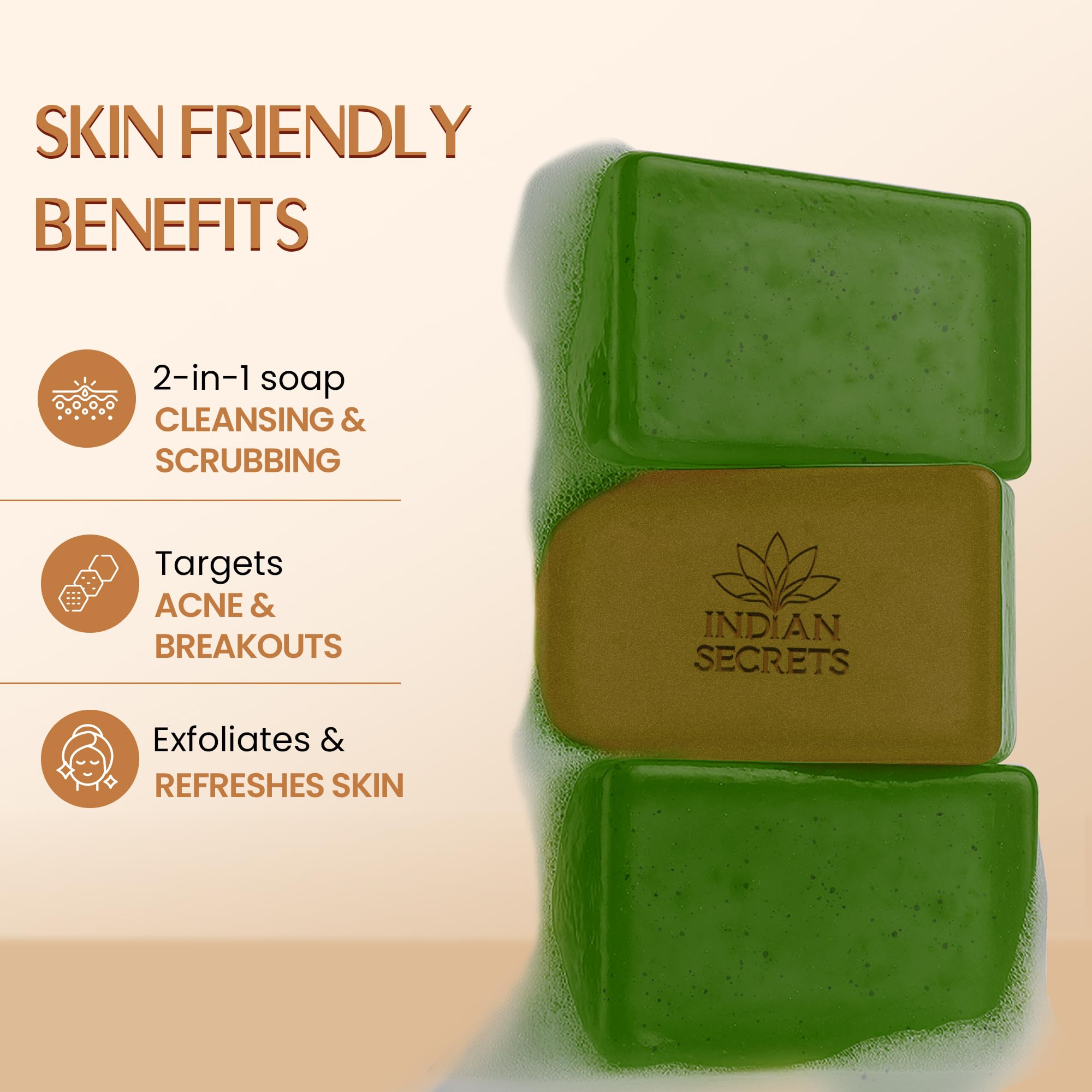 INDIAN SECRETS Scrub Soap with salicylic acid and neem for targeted cleansing.