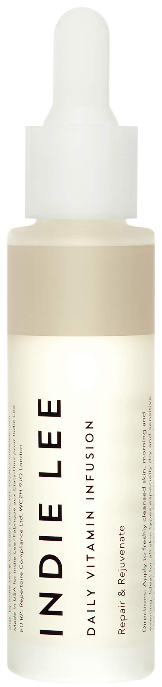 Indie Lee Daily Vitamin Infusion bottle shown for antioxidant-rich daily moisture