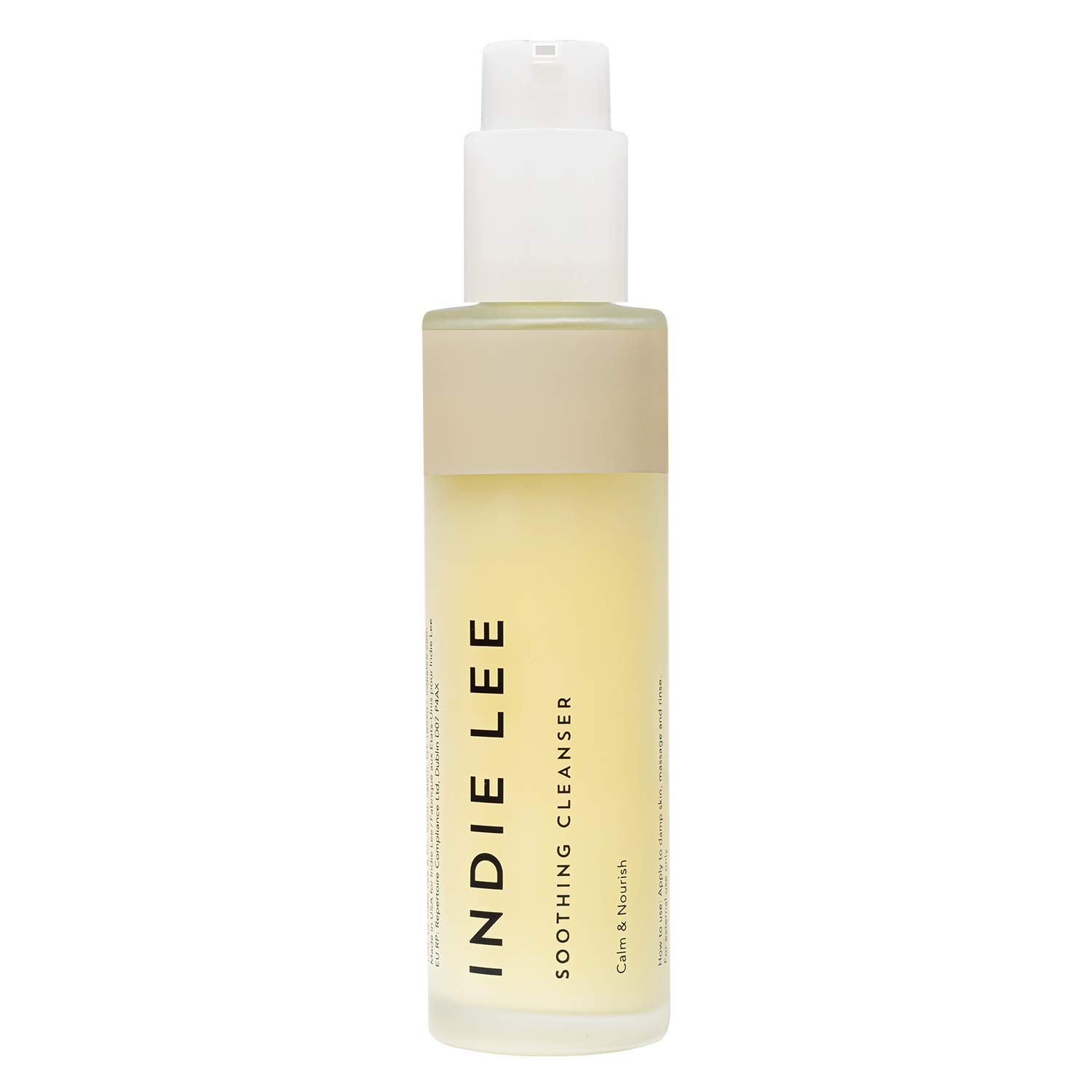 Indie Lee Soothing Cleanser bottle close-up showing hydrating formula for sensitive skin
