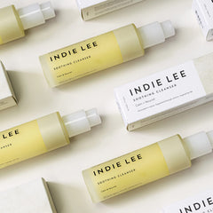 Indie Lee Soothing Cleanser pump application demonstrating gentle cleansing with moisture