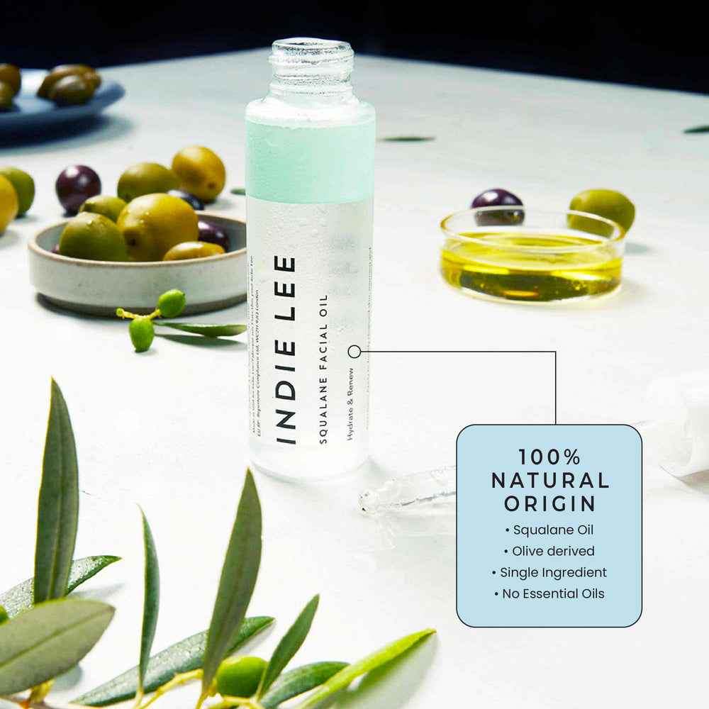 Indie Lee Squalane Oil dropper application demonstrates quick absorption.
