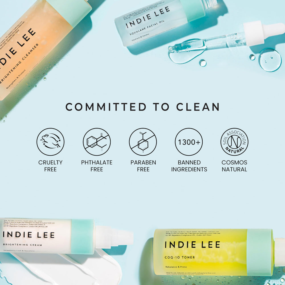 Indie Lee Squalane Oil olive-derived ingredient note highlights plant-based hydration.