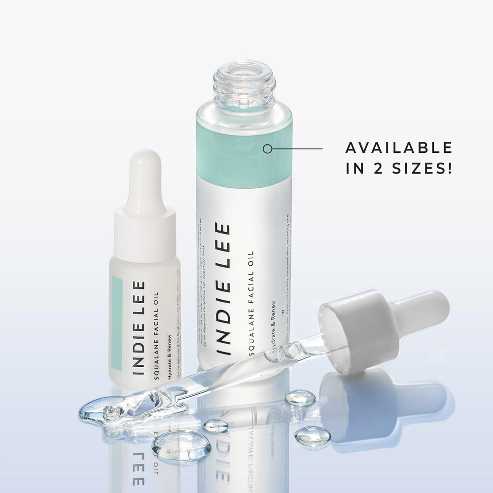 Indie Lee Squalane Oil packaging front emphasizes purity and vegan formula.