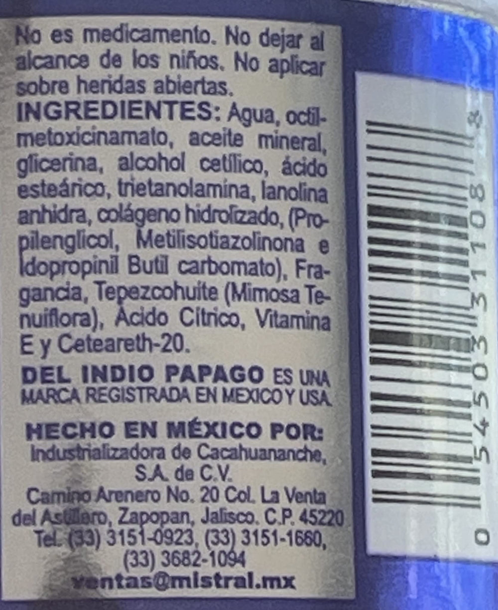 Indio Papago Tepezcohuite packaging display of 120g size.