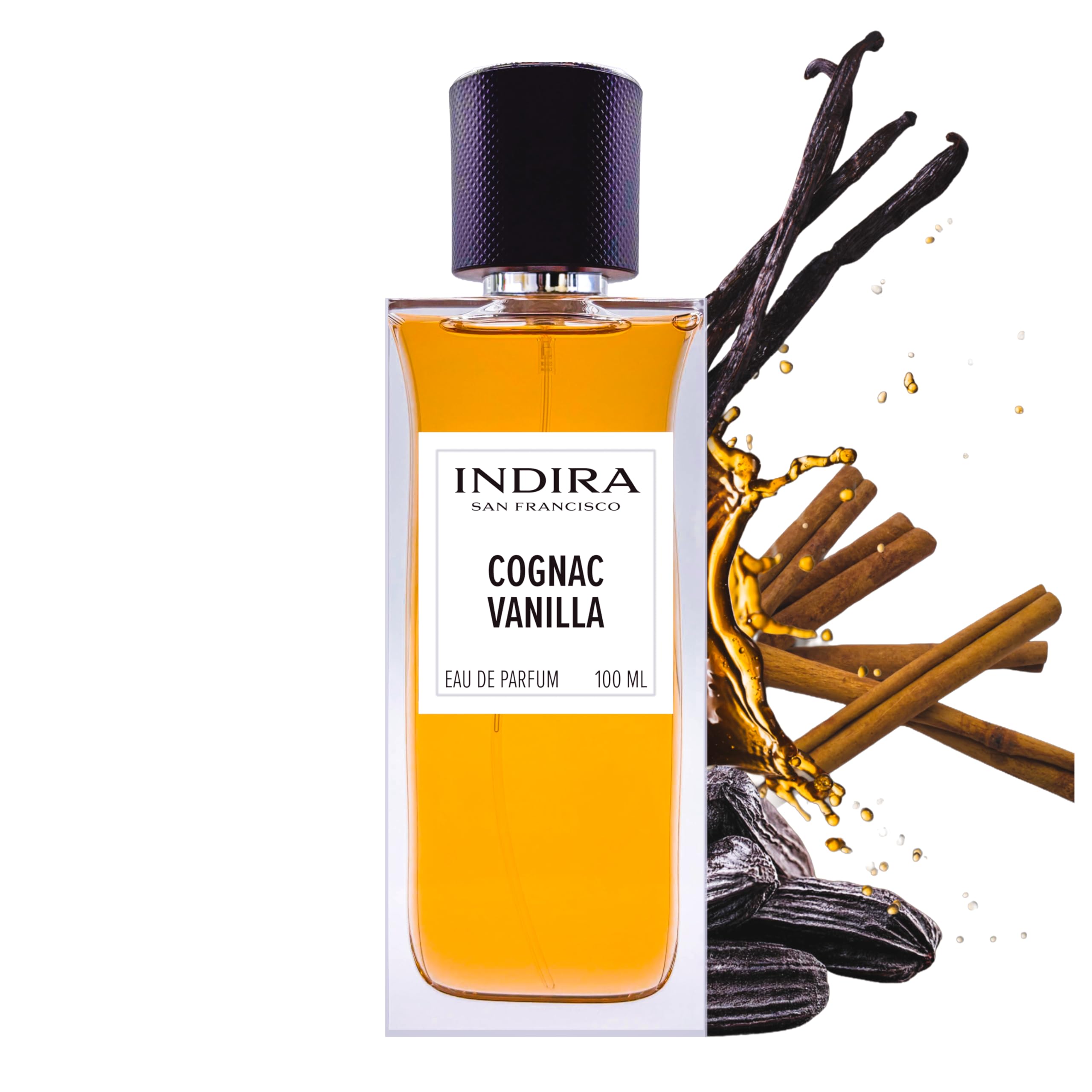 Indira San Francisco Cognac Vanilla bottle front view, perfect for daily luxurious fragrance.