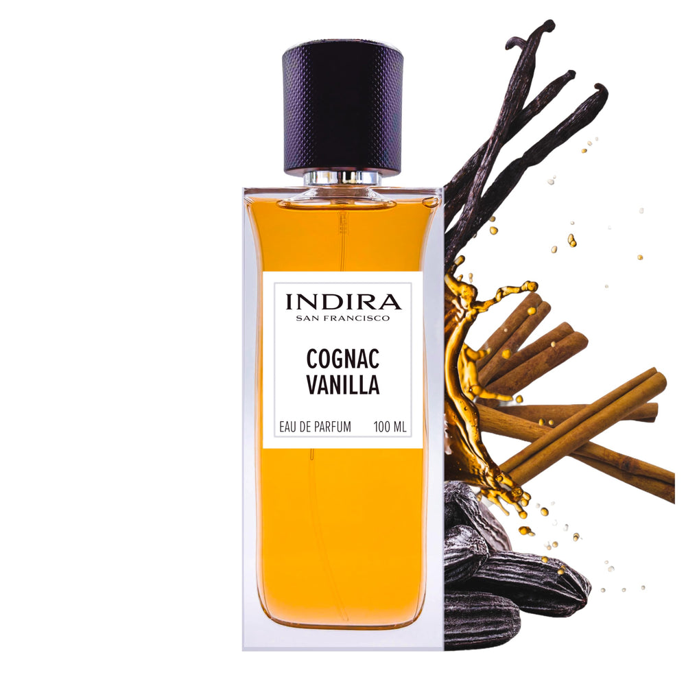 Indira San Francisco Cognac Vanilla bottle front view, perfect for daily luxurious fragrance.