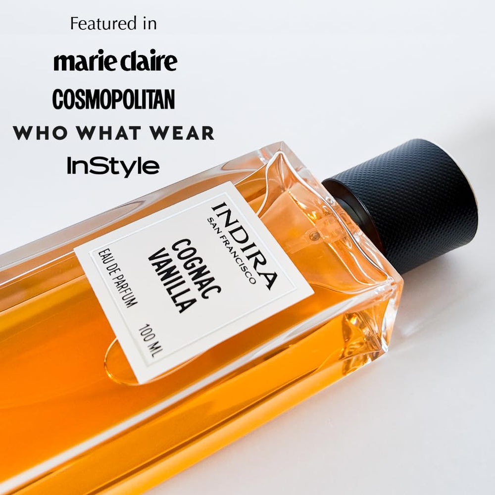 Indira San Francisco glass bottle packaging exudes premium presentation.