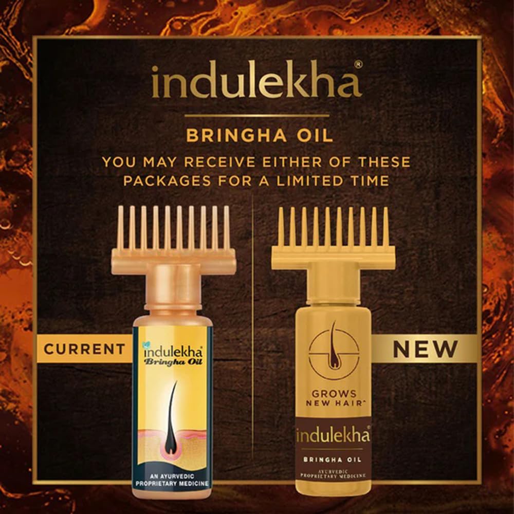 INDULEKHA Bringha oil label closeup showing authentic Ayurvedic branding
