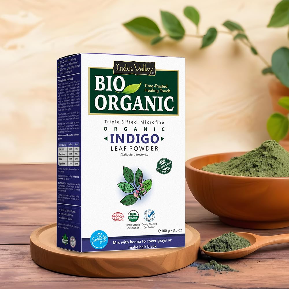 INDUS VALLEY Organic indigo leaves highlight plant-based formula.
