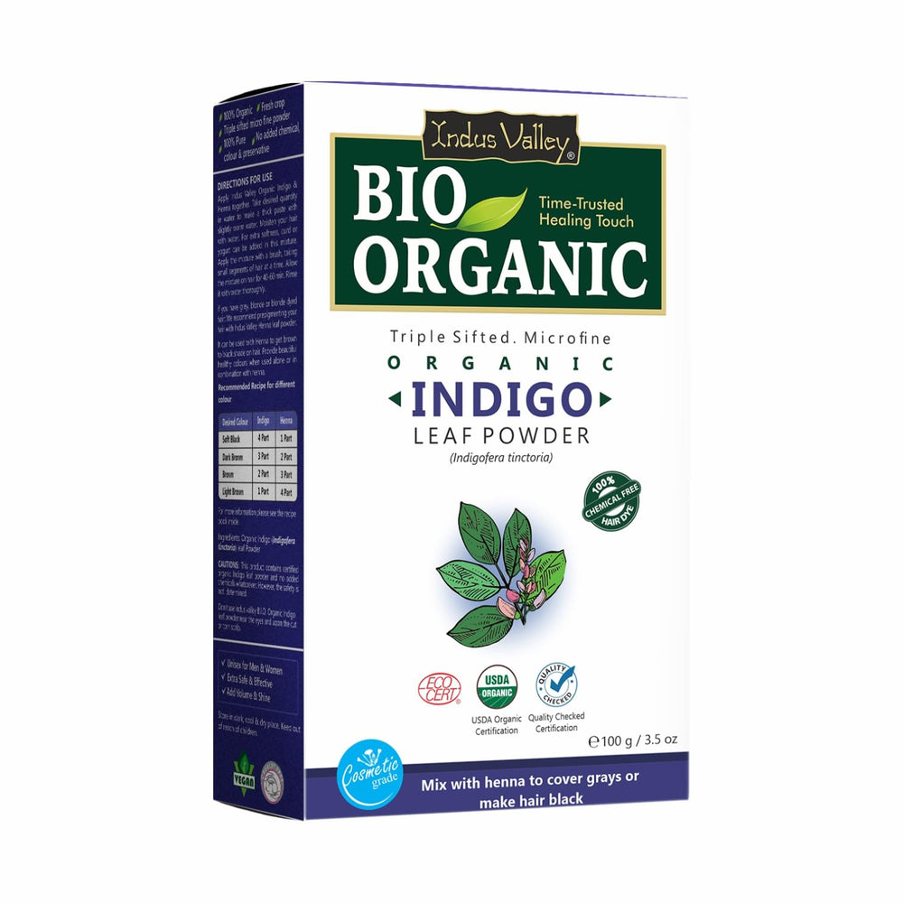 INDUS VALLEY Indigo powder package showing organic source for natural hair color.