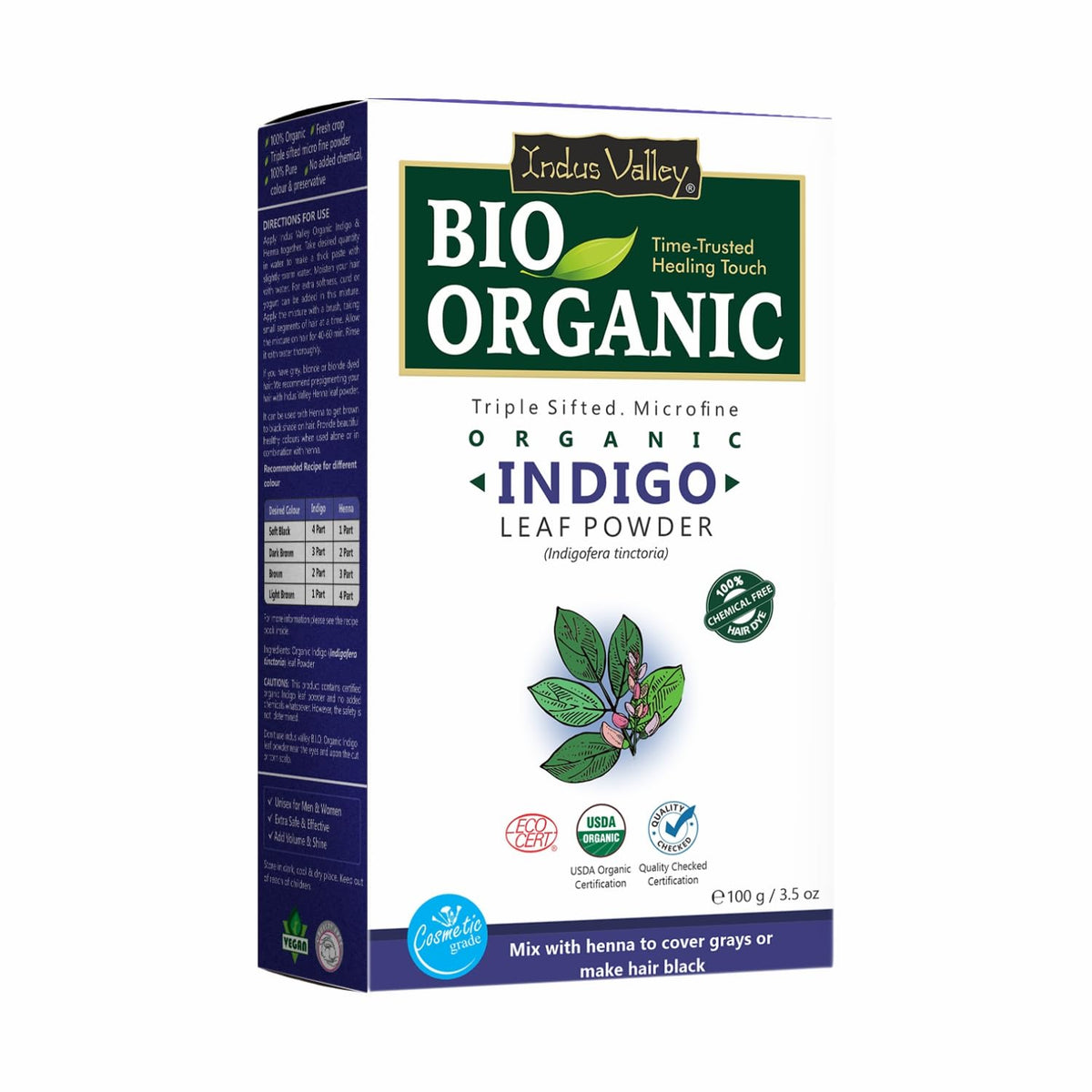 INDUS VALLEY Indigo powder package showing organic source for natural hair color.