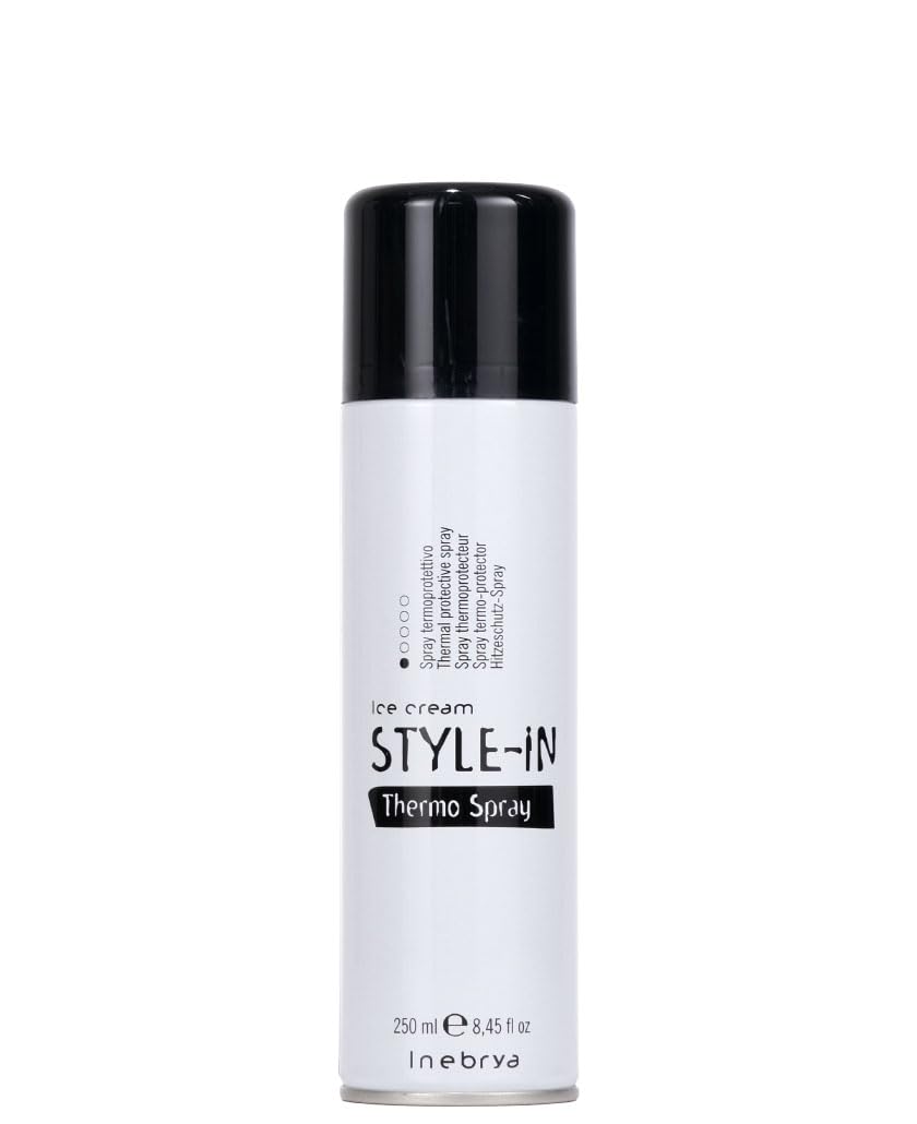 Iinebrya Style-In Thermo Spray bottle demonstrates heat protection for smooth, shiny styling.