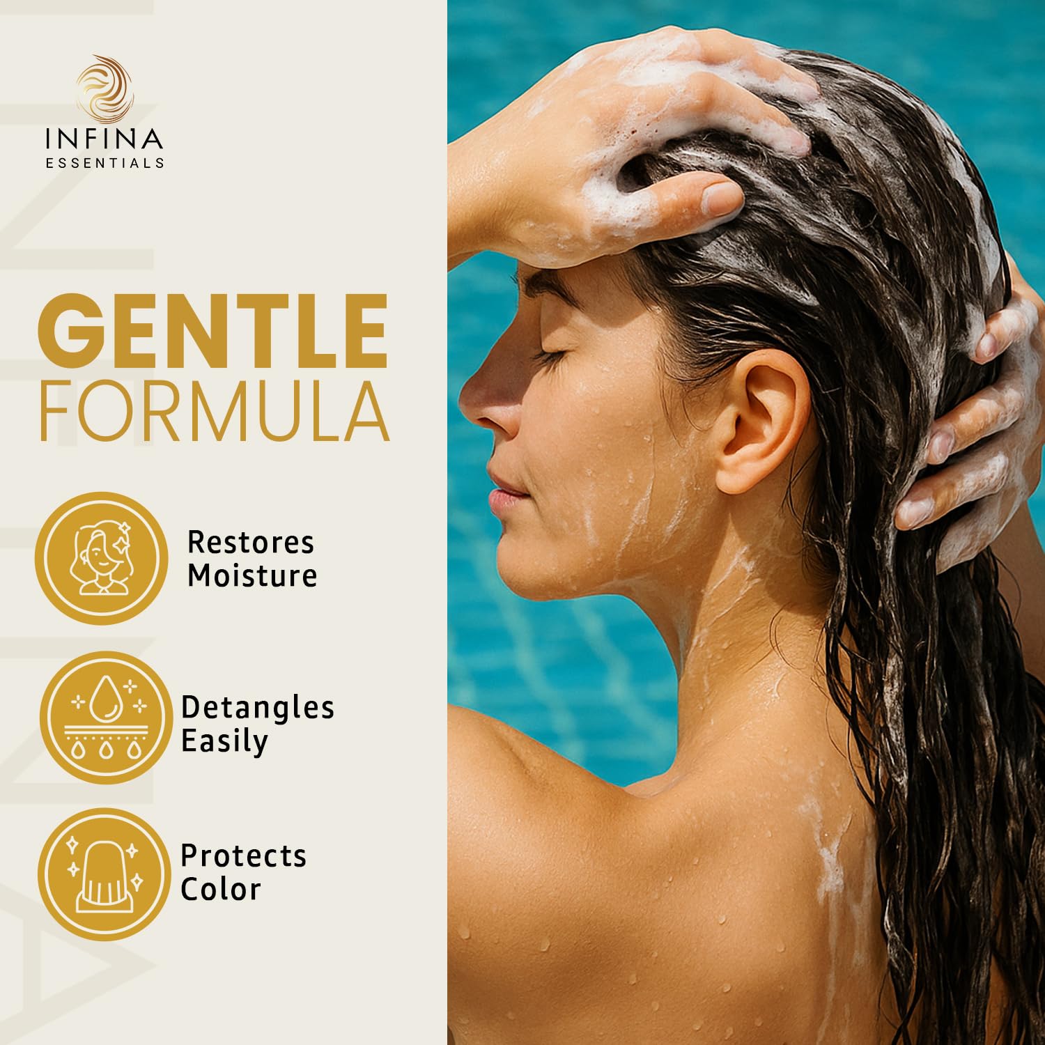 Infina Essentials amodimethicone glycerin bottle underscores gentle color safe conditioning
