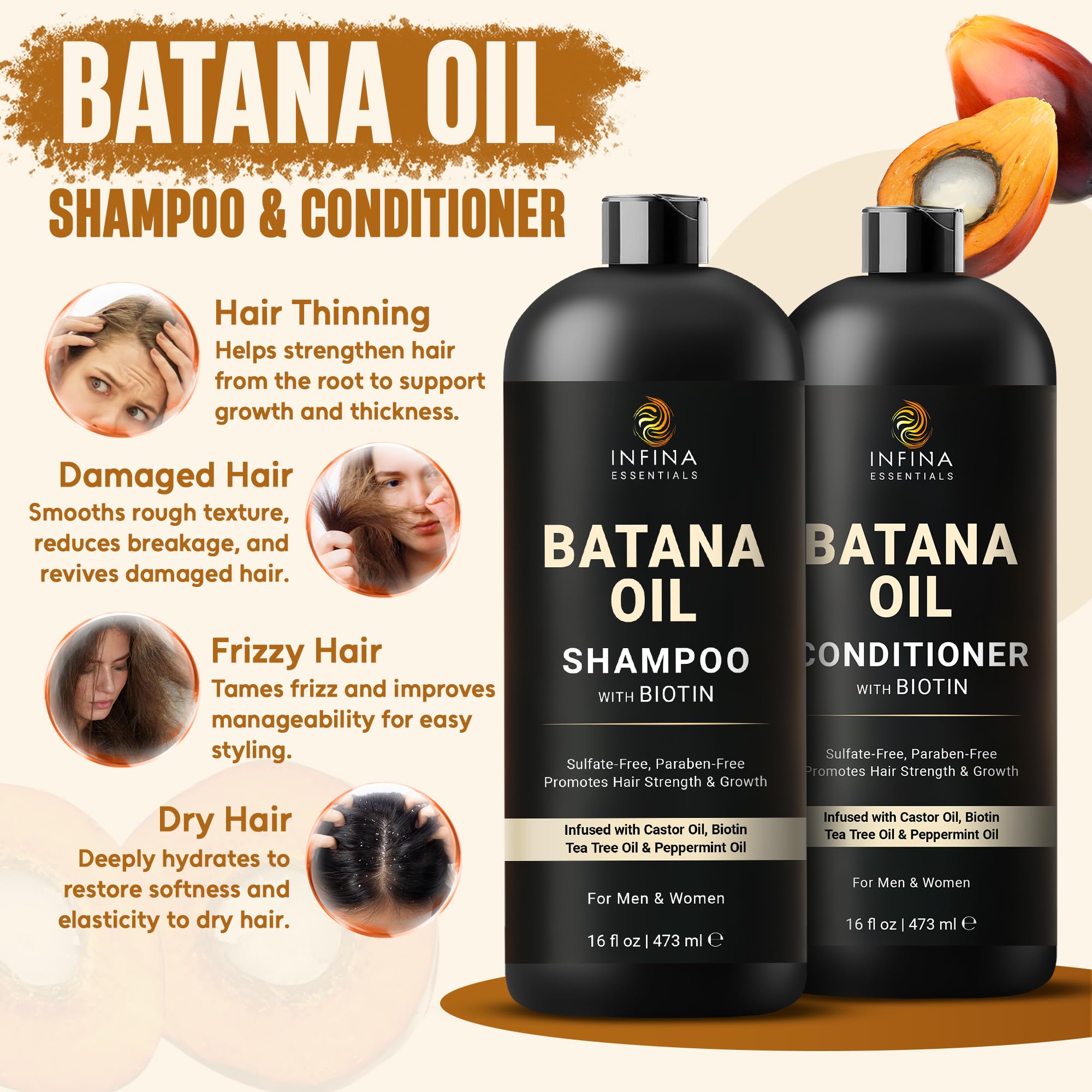 INFINA ESSENTIALS Batana Oil Conditioner bottle features strengthening nourishment.