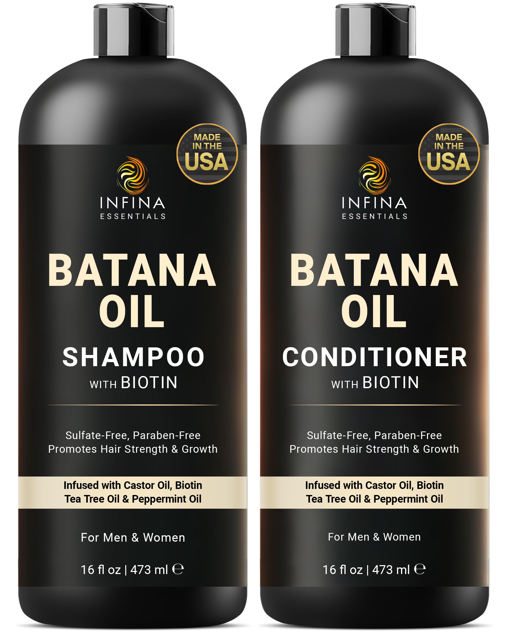 INFINA ESSENTIALS Batana Oil Shampoo bottle highlights moisturization for healthier hair.