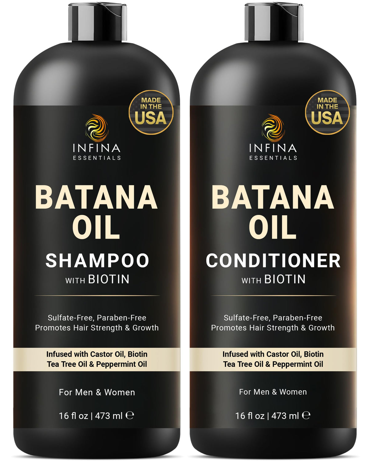INFINA ESSENTIALS Batana Oil Shampoo bottle highlights moisturization for healthier hair.