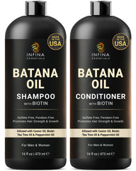 INFINA ESSENTIALS Batana Oil Shampoo bottle highlights moisturization for healthier hair.