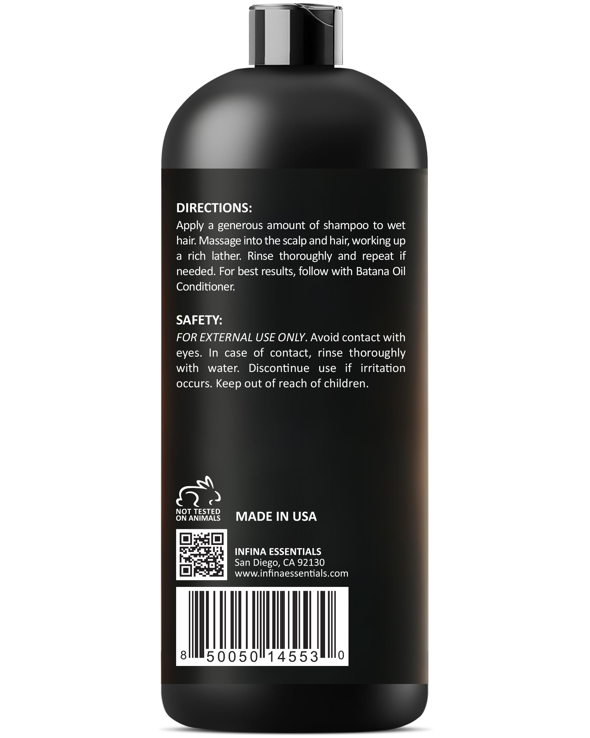 INFINA ESSENTIALS Batana Oil Shampoo daily-use scene conveys convenience
