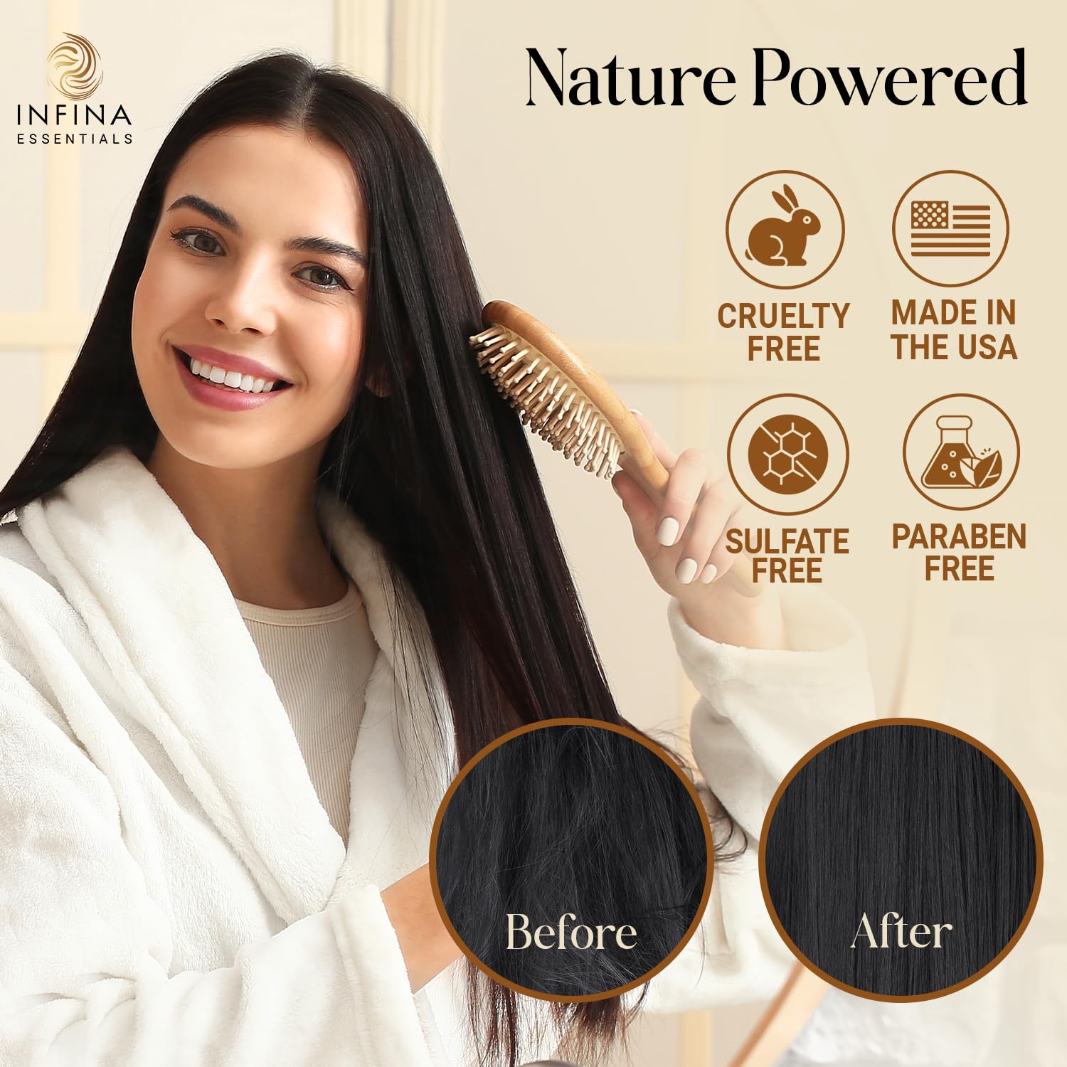INFINA ESSENTIALS Batana Oil Shampoo hair-texture close-up implies smoother, softer hair