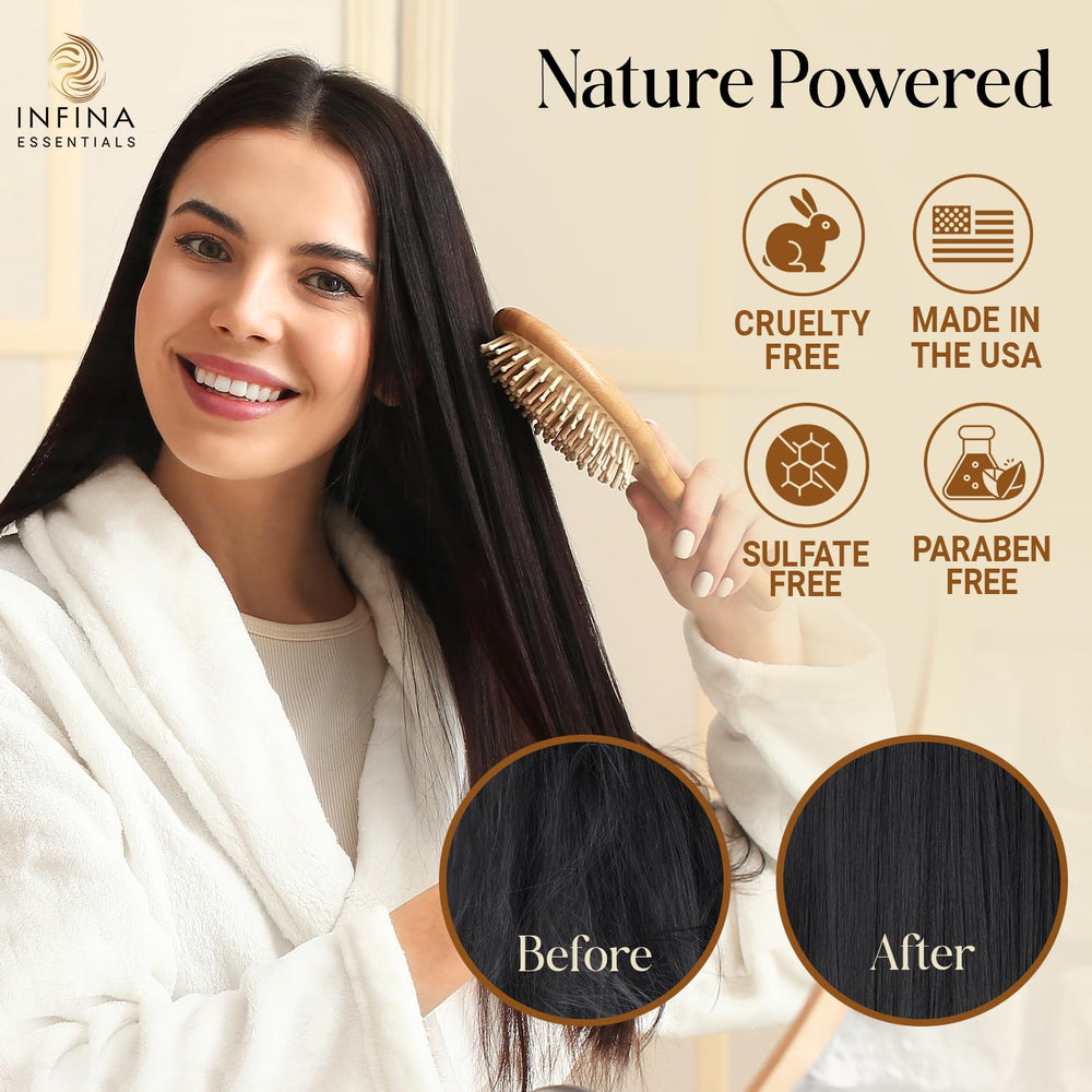 INFINA ESSENTIALS Batana Oil Shampoo hair-texture close-up implies smoother, softer hair