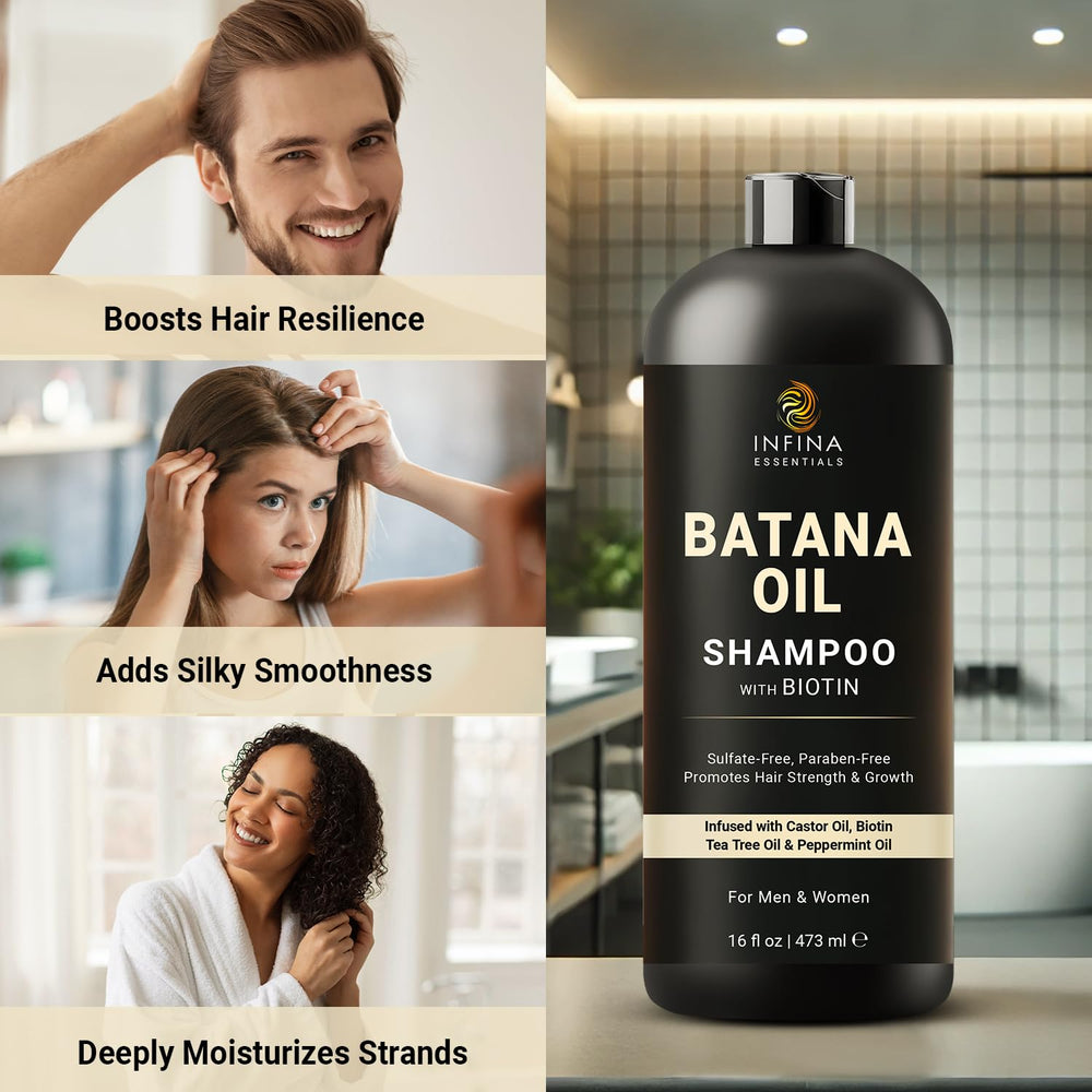INFINA ESSENTIALS Batana Oil Shampoo scalp-massage scene for refreshing cleansing