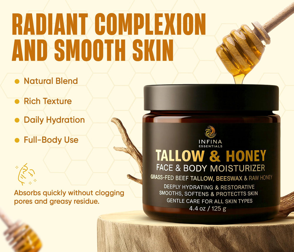 INFINA ESSENTIALS Beef Tallow Honey Elbows Knees: helps soften rough skin.