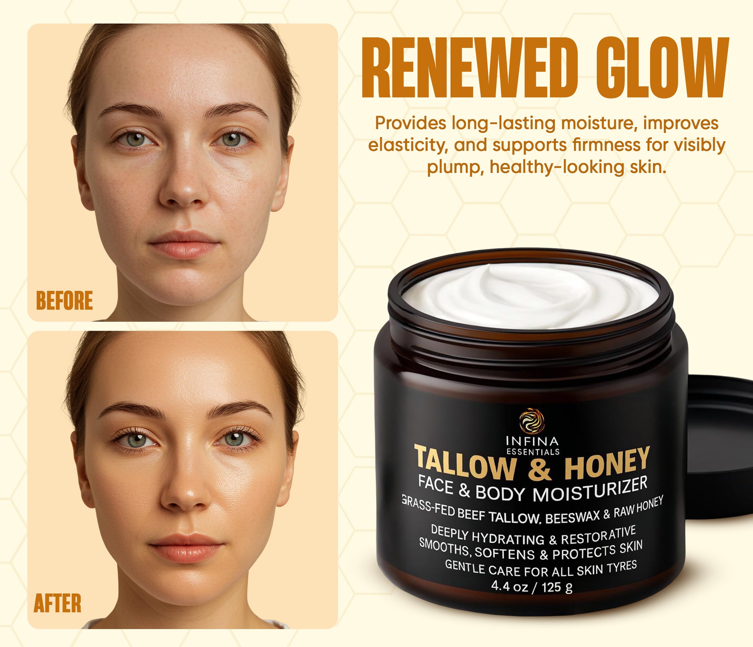 INFINA ESSENTIALS Beef Tallow Honey Olive Oil ingredients: skin-friendly fats for daily care.