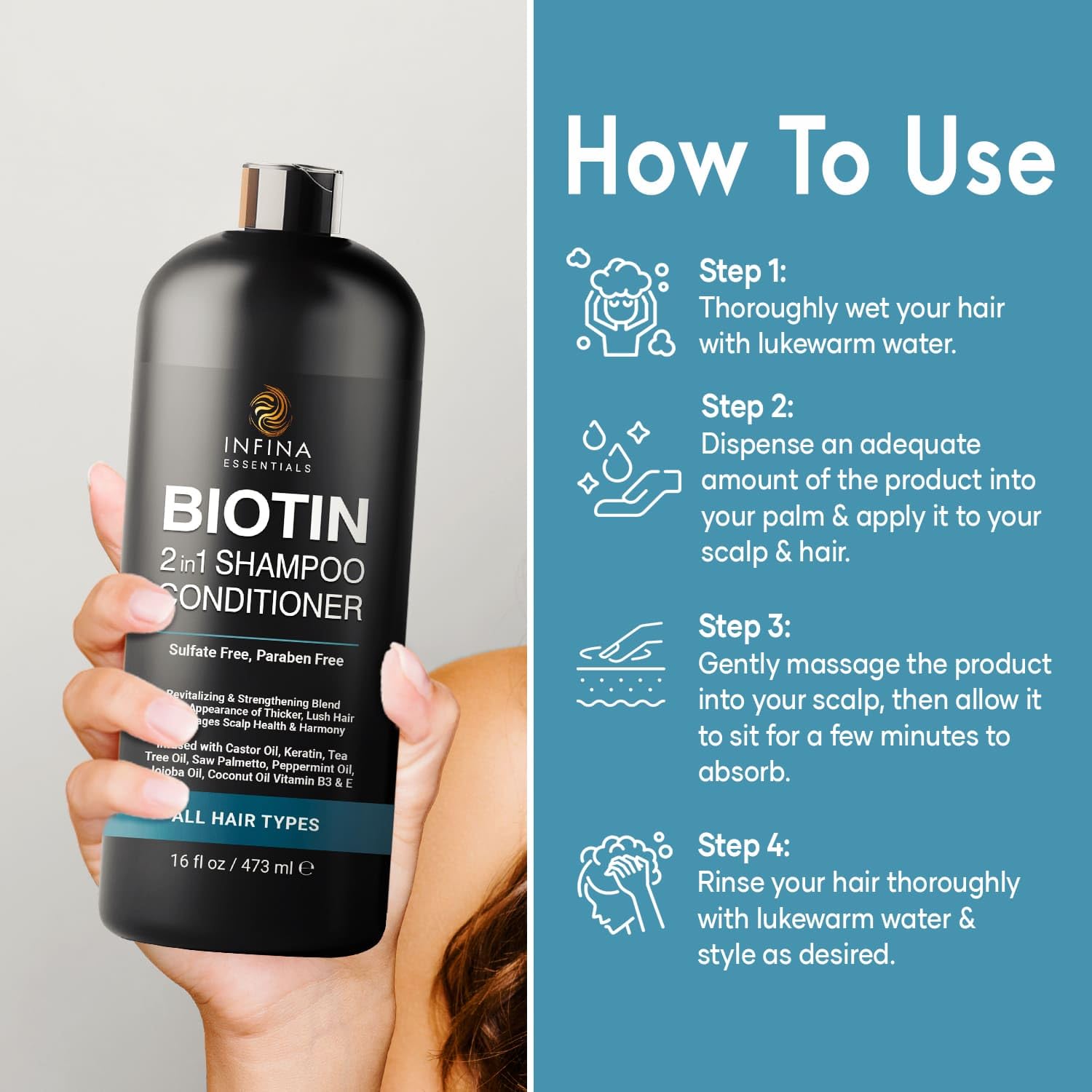 INFINA ESSENTIALS caffeine-stimulated formula hints enhanced scalp energy for daily routine.