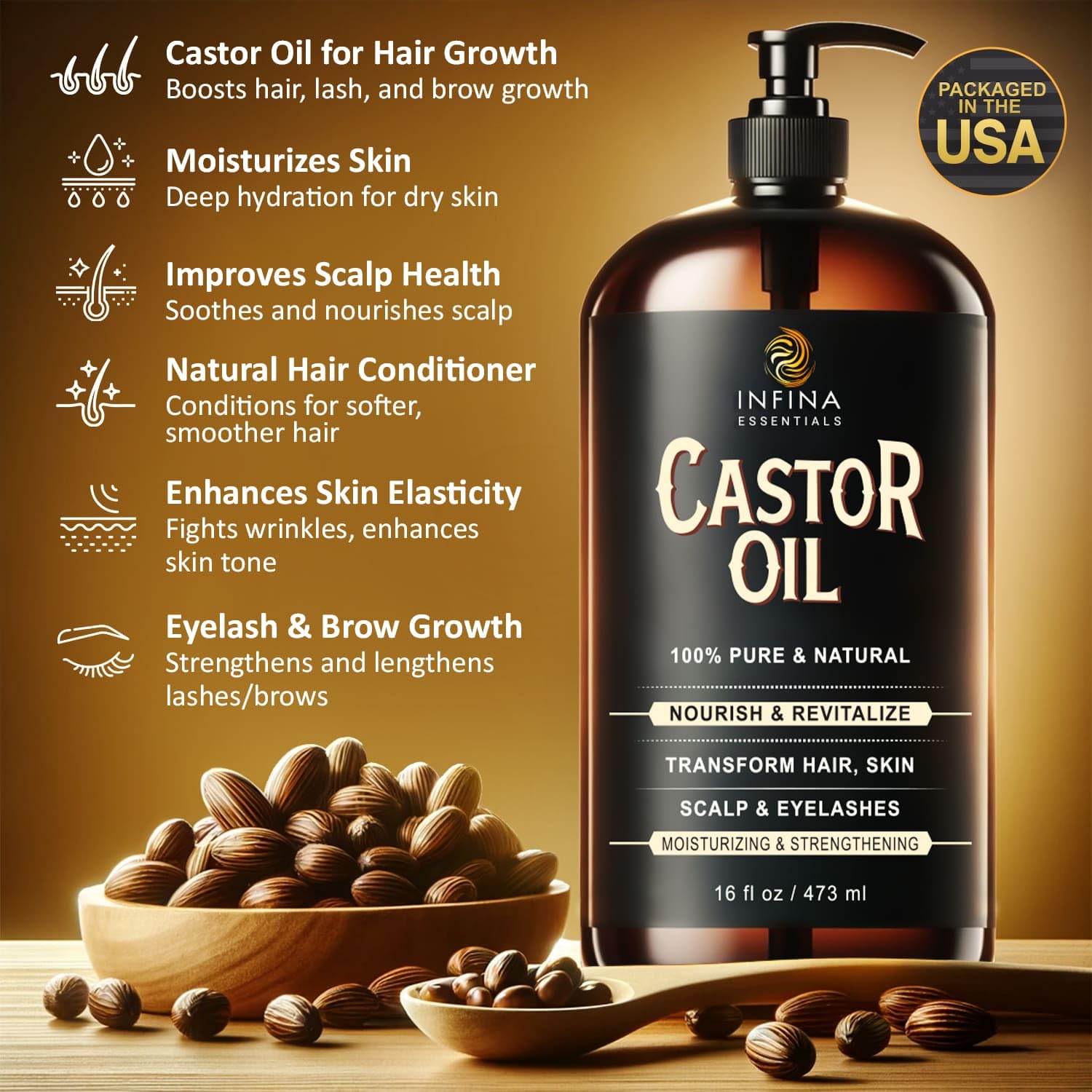 INFINA ESSENTIALS glass bottle highlights hexane-free, cold-pressed formula.