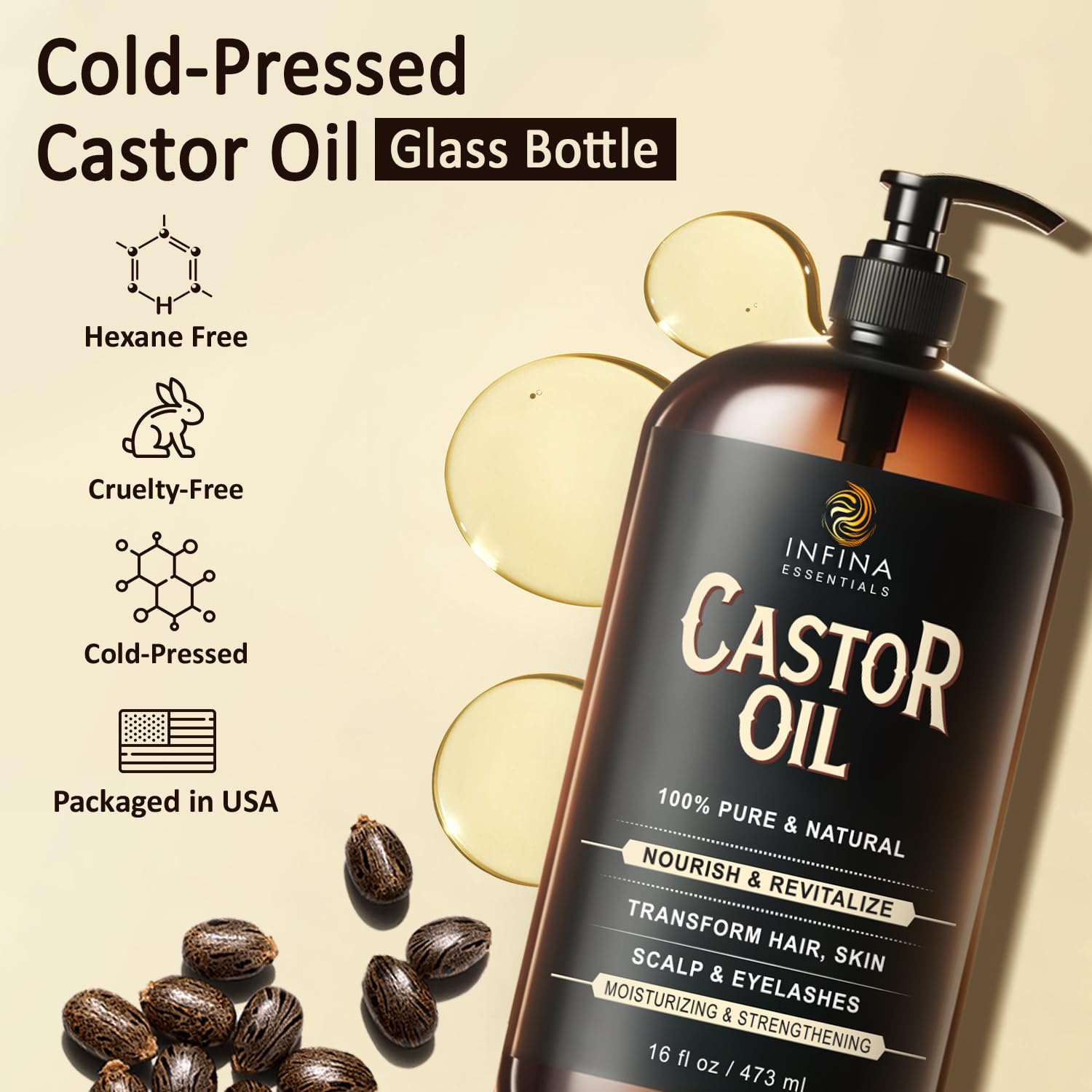 INFINA ESSENTIALS castor oil drops for targeted scalp and hair care.