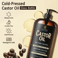 INFINA ESSENTIALS castor oil drops for targeted scalp and hair care.