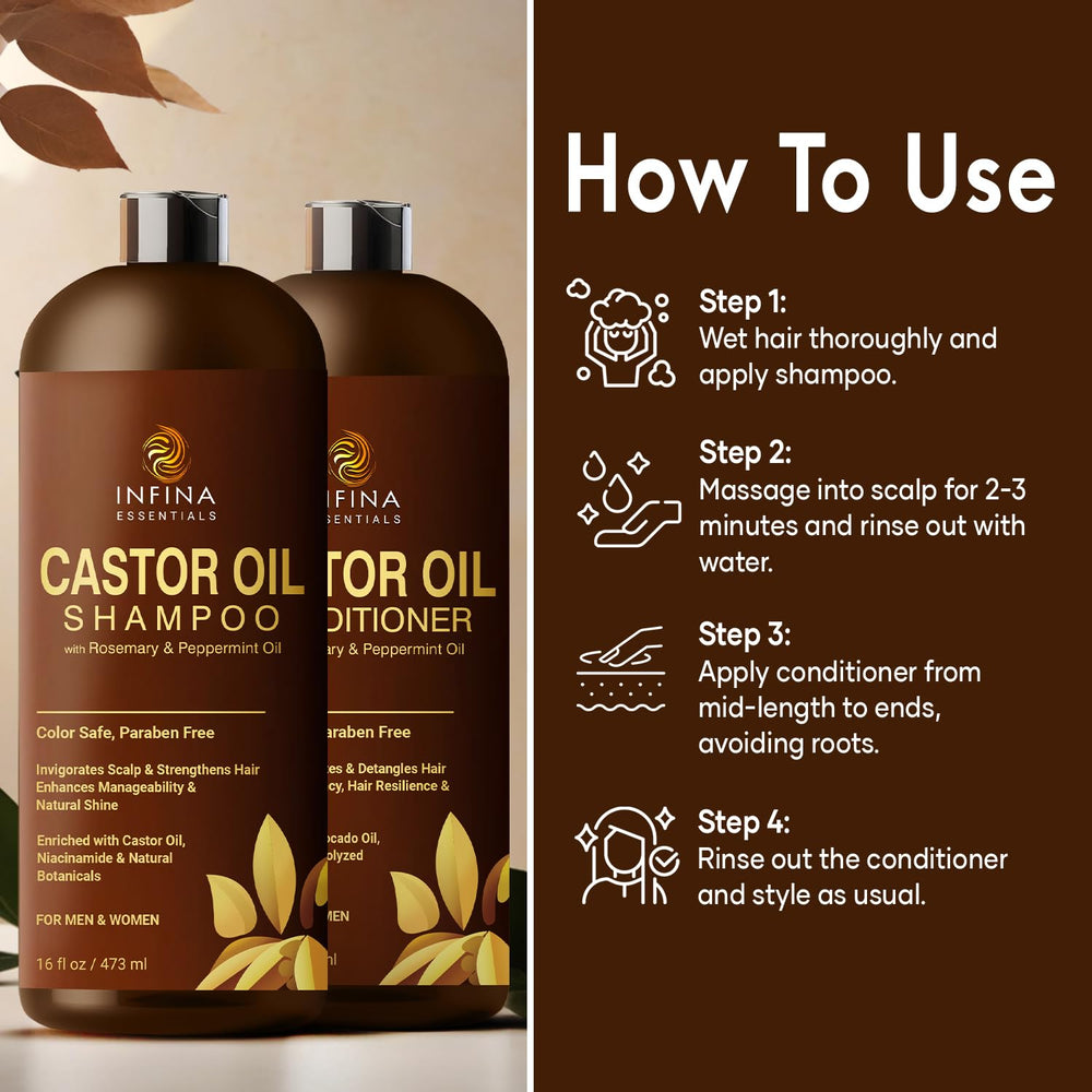 INFINA ESSENTIALS Castor Oil, Rosemary, Peppermint ingredients provide nourishing care.