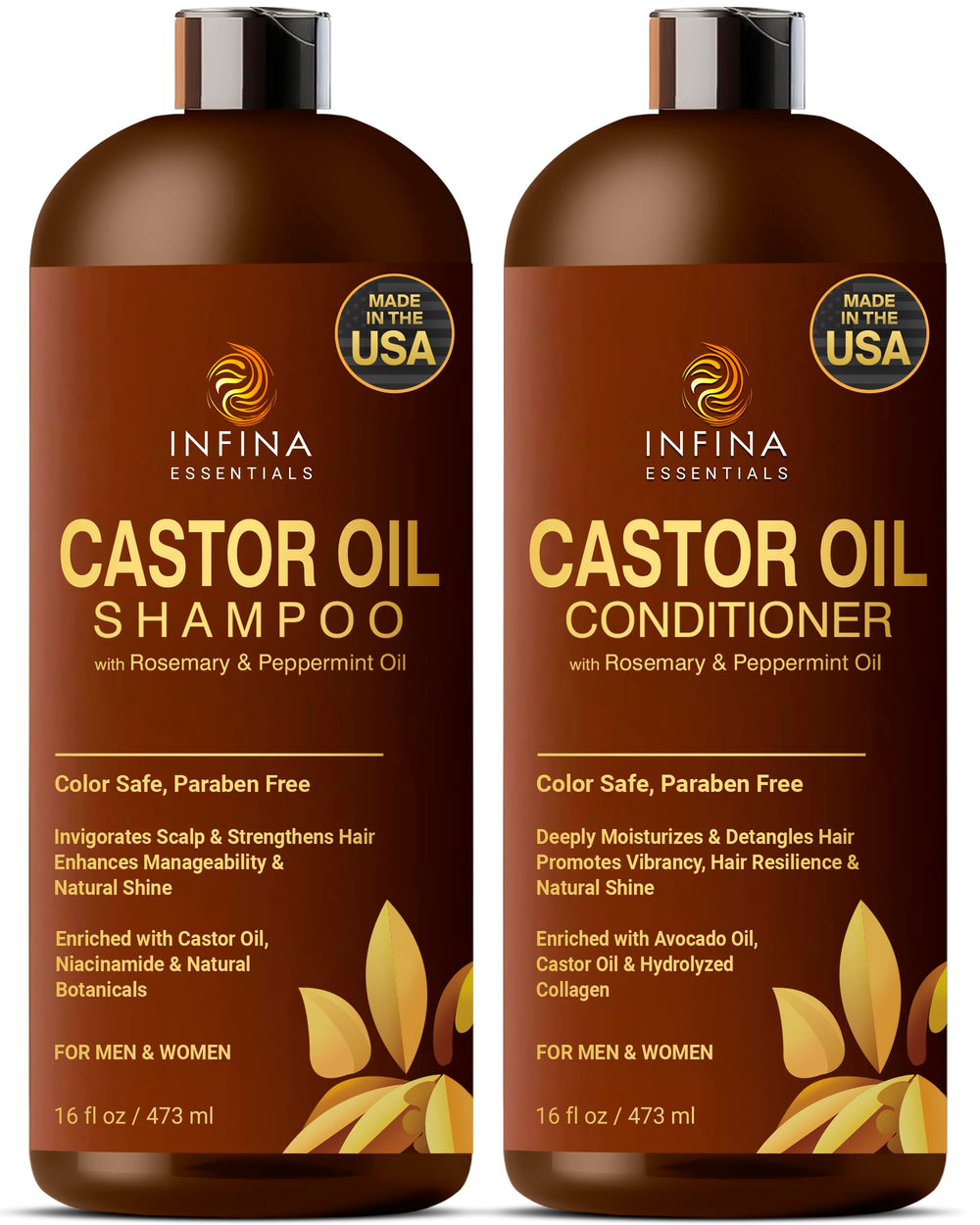 INFINA ESSENTIALS Castor Oil Shampoo front bottle, promoting gentle cleansing for healthier hair and scalp balance.