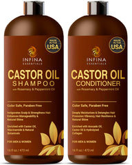 INFINA ESSENTIALS Castor Oil Shampoo front bottle, promoting gentle cleansing for healthier hair and scalp balance.
