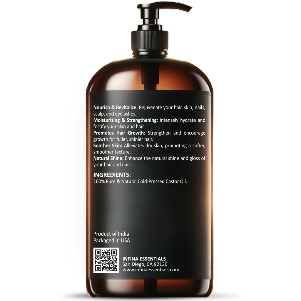 INFINA ESSENTIALS castor oil used for scalp treatment and brow care.