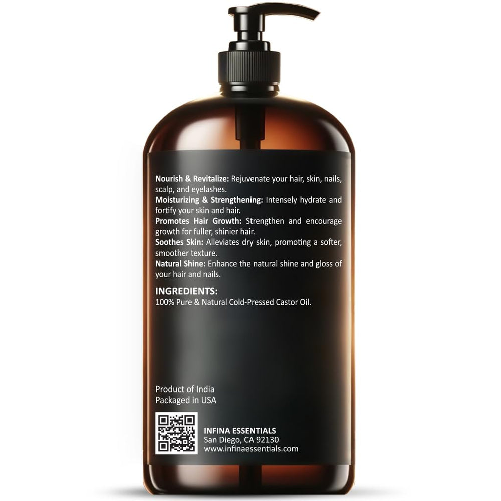 INFINA ESSENTIALS castor oil used for scalp treatment and brow care.