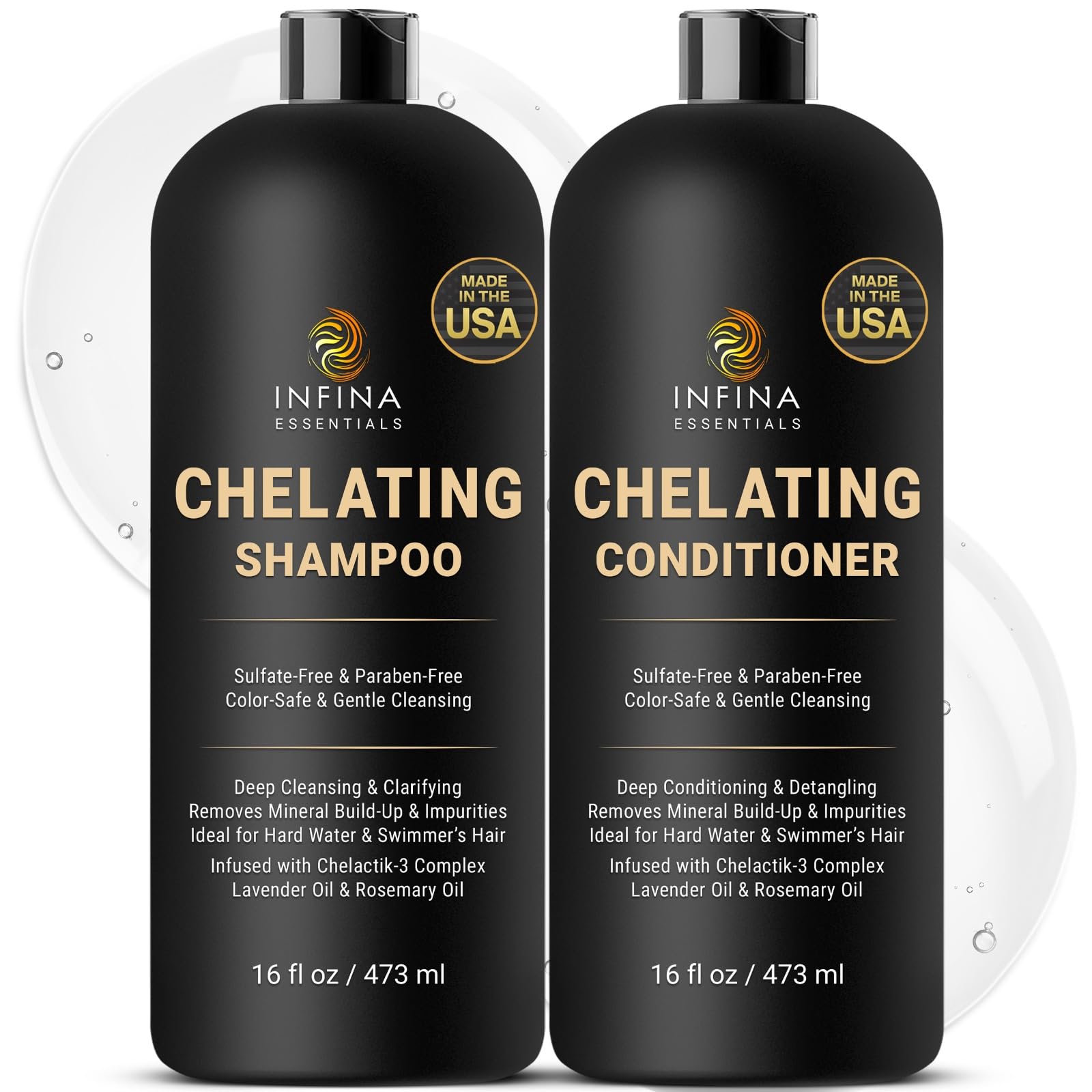 INFINA ESSENTIALS Chelating Shampoo bottle pouring for mineral detox in hard water hair.