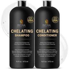 INFINA ESSENTIALS Chelating Shampoo bottle pouring for mineral detox in hard water hair.