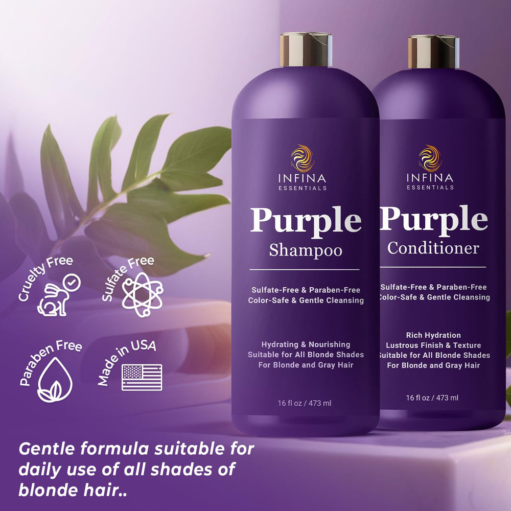 INFINA ESSENTIALS Purple Conditioner being smoothed through damp hair for shine.