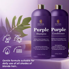 INFINA ESSENTIALS Purple Conditioner being smoothed through damp hair for shine.
