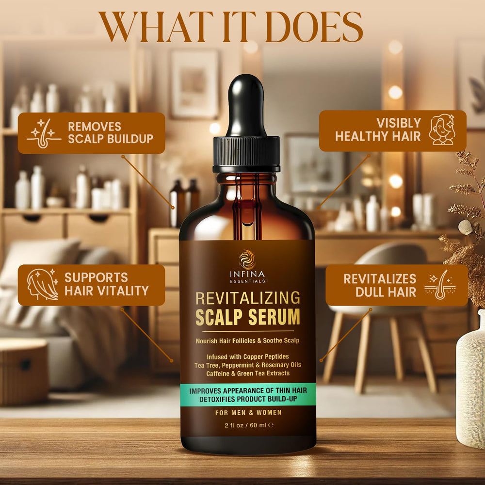 INFINA ESSENTIALS copper peptides and caffeine blend highlighted for targeted scalp care